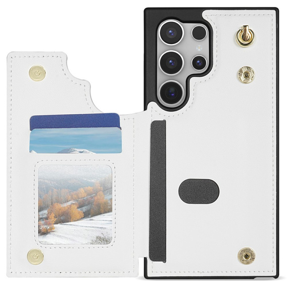Etui do Samsung Galaxy S25 Ultra z kieszeniami na karty, paskiem i funkcją podstawki – białe