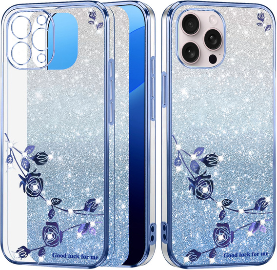 Etui do iPhone 16 Pro, Glitter Flower, niebieskie