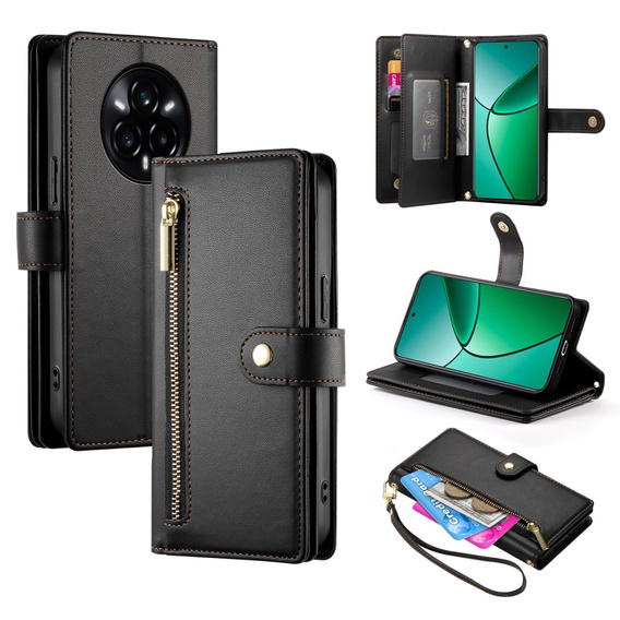 Etui z klapką do Realme 14 Pro 5G, Wallet Zipper Pocket, czarne
