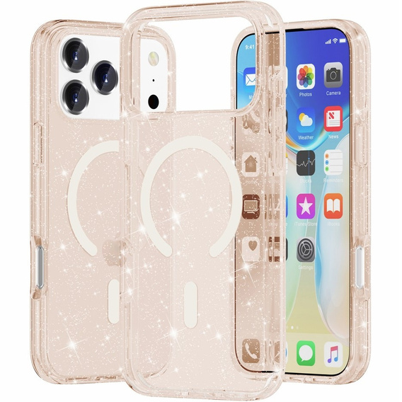 Etui do iPhone 17 Pro Max, do MagSafe, brokat - półprzezroczyste złote