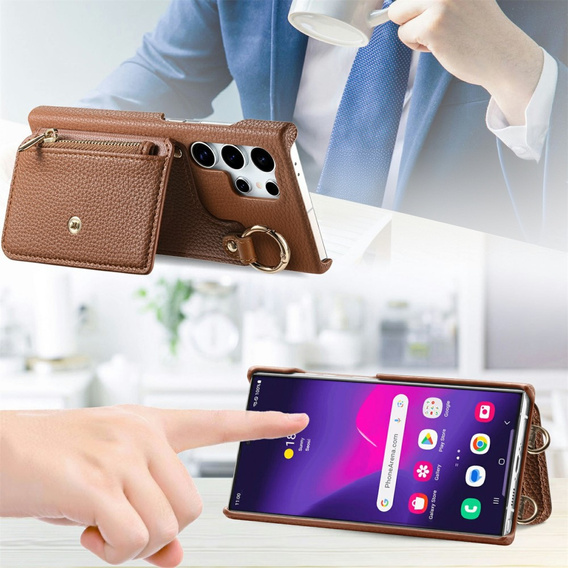 Etui do Samsung Galaxy S25 Ultra – z klapką, kieszeniami i paskiem, brązowe