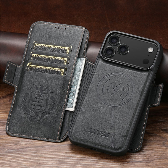 Etui z klapką 2w1 do iPhone 17 Pro Max, SUTENI, do MagSafe, czarne