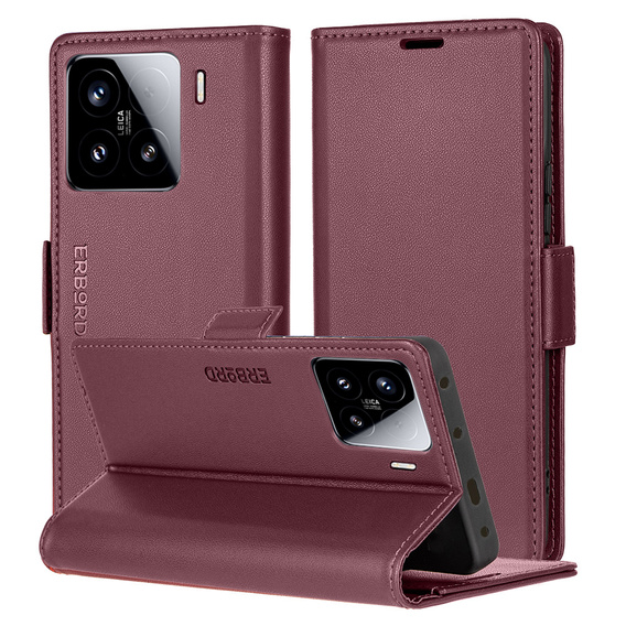 Etui do Xiaomi 15, ERBORD Glossy Litchi, portfel z klapką, czerwone