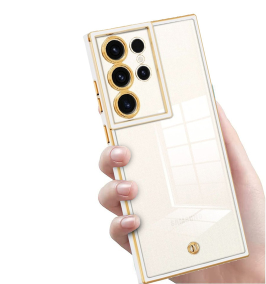 Etui do Samsung Galaxy S23 Ultra, przezroczyste z białą / złotą ramką