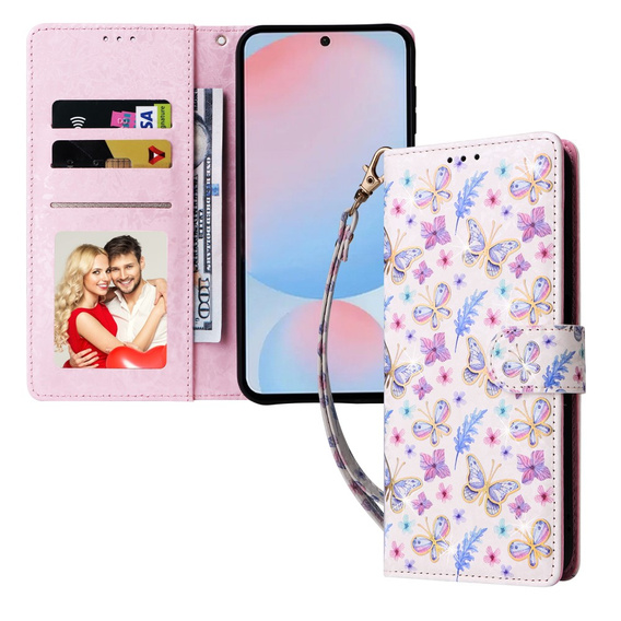 Etui z motywem kwiatowo-motylkowym do Samsung Galaxy A56 5G – skórzane, z ochroną RFID i kieszonkami na karty, zdjęcie i banknoty