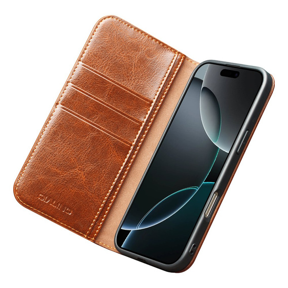 Etui ze skóry z klapką QIALINO Genuine Cow Leather do iPhone 17 Pro Max, brązowy