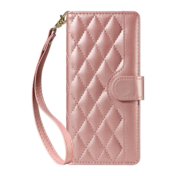 Etui z klapką do Motorola Edge 50 Neo / Motorola ThinkPhone 25, Rhombus Crossbody Leather, różowe rose gold
