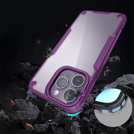 Etui do iPhone 14 Pro Max, pancerne, przezroczyste z fioletową ramką