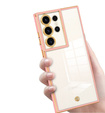 Etui do Samsung Galaxy S23 Ultra, przezroczyste z różową / złotą ramką