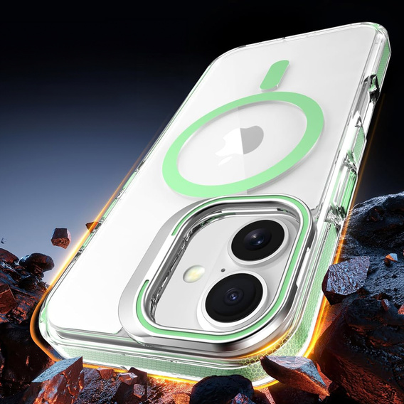 Etui do iPhone 17, do MagSafe, z podstawką, transparentne z zielonymi wstawkami