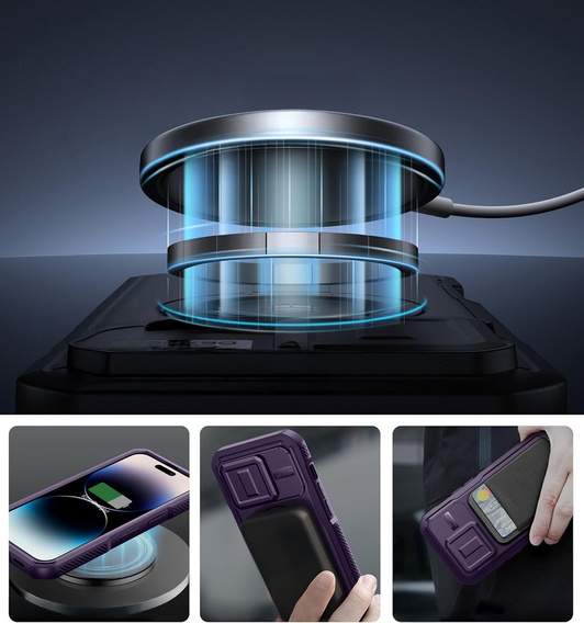 Dexnor Magnet Case – etui do iPhone 14 Pro z osłoną aparatu i podstawką - fioletowe
