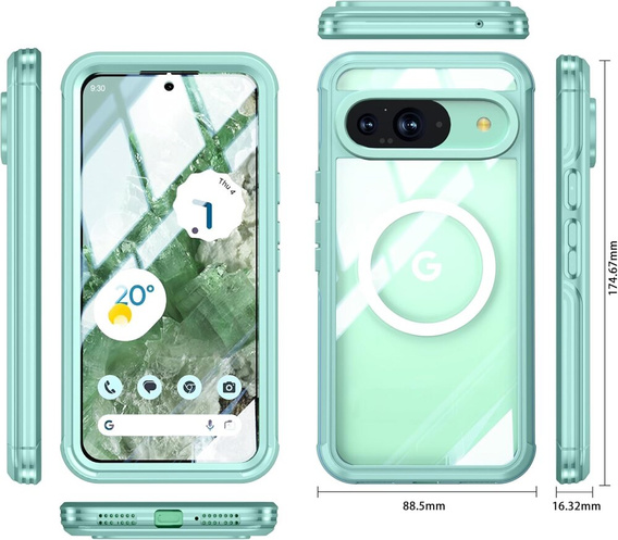 Etui do Google Pixel 9 / Google Pixel 9 Pro, Shockproof, ze szkłem, do MagSafe, zielone