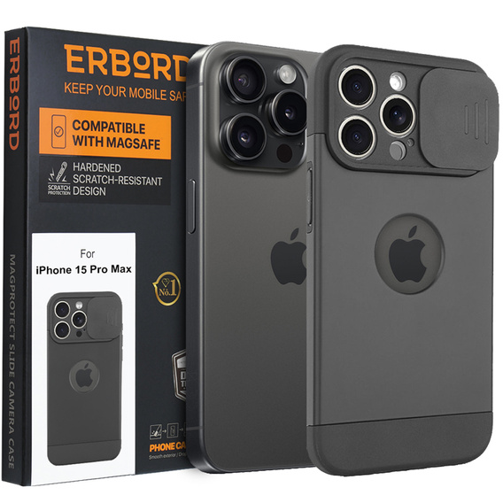 Etui do iPhone 15 Pro Max, ERBORD MagProtect Cam Slider do MagSafe, czarne + Szkło hartowane