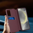 Etui do Samsung Galaxy A56 5G – skórzane z okienkiem Smart View i kieszenią na kartę, bordowe