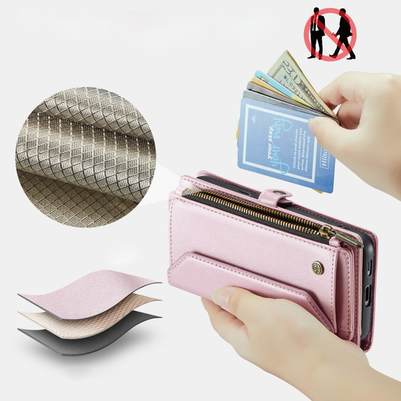 Etui CaseMe do Google Pixel 9a – portfelowe z zamkiem i paskami, różowe