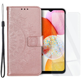 Zestaw Etui do Samsung Galaxy A14 4G/5G, portfel ze wzorem Mandala z klapką, rose gold różowe + szkło
