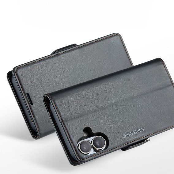 Etui do iPhone 17, ERBORD Glossy Litchi, portfel z klapką, czarne