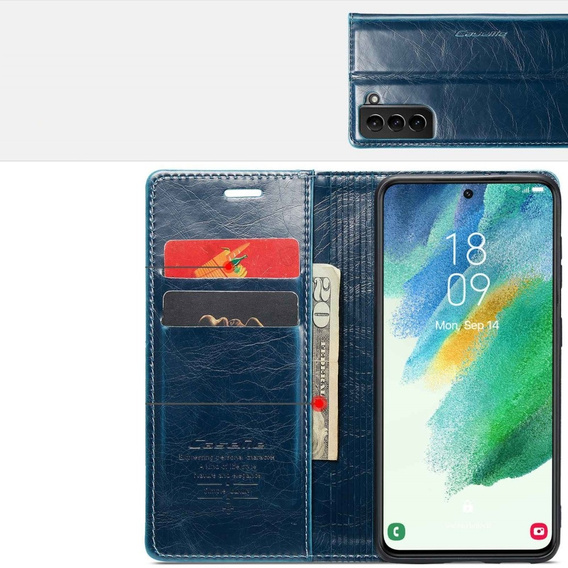 Etui z klapką CASEME do Samsung Galaxy S21 FE, Waxy Textured, niebieskie