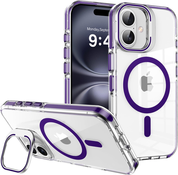 Etui do iPhone 17, do MagSafe, z podstawką, transparentne z fioletowymi wstawkami