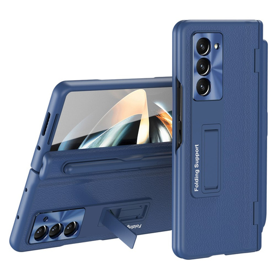 Etui skórzane do Samsung Galaxy Z Fold5 5G, Kickstand case, z podstawką i szkłem, niebieskie