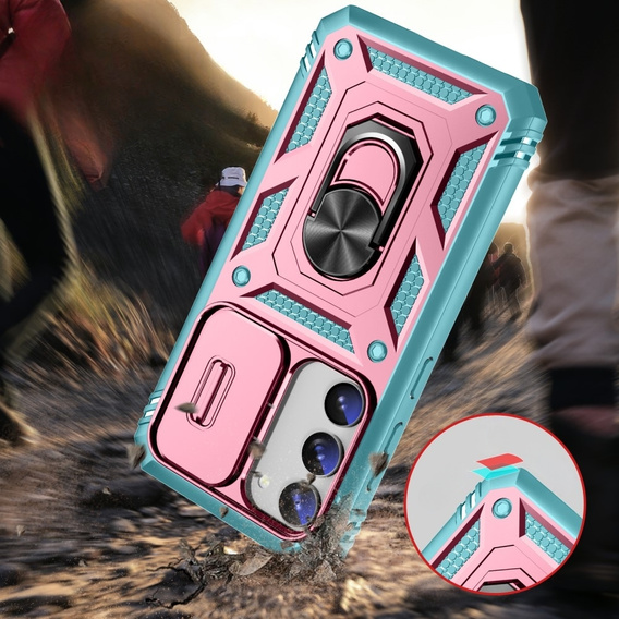 Etui pancerne do Samsung Galaxy S23 Plus, CamShield Slide, różowe / zielone