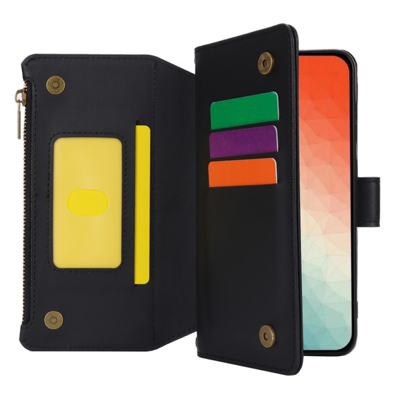 Etui z klapką do Samsung Galaxy S24, Wallet Zipper Pocket RFID, z paskiem na ramię, czarne