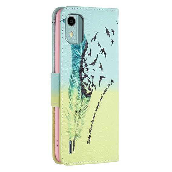 Etui z klapką do Nokia C12 4G, Wallet, Feather niebieskie / żółte