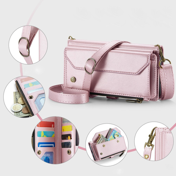 Etui CaseMe do Google Pixel 9a – portfelowe z zamkiem i paskami, różowe