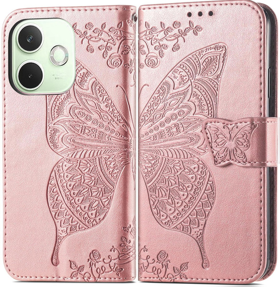Etui z klapką do Oppo A5 Pro 5G, Butterfly, różowe rose gold
