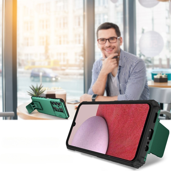 Etui pancerne do Samsung Galaxy A14 4G/5G, Camshield z podstawką, Zielone