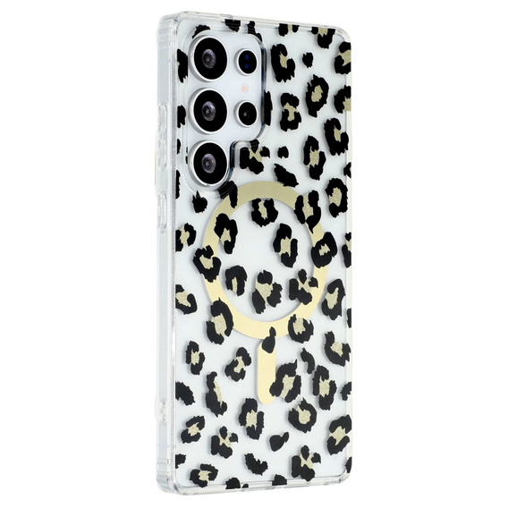 Etui magnetyczne do Samsung Galaxy S25 Ultra – przezroczyste z nadrukiem panterki, czarne