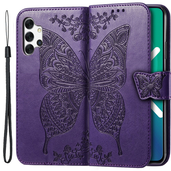Zestaw Etui z Klapką do Samsung Galaxy A13 4G, Motyl, Fioletowe + szkło