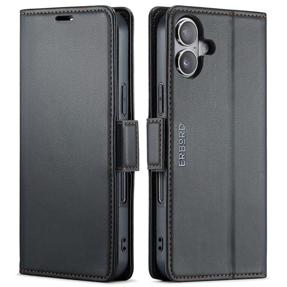 Etui do iPhone 17, ERBORD Glossy Litchi, portfel z klapką, czarne