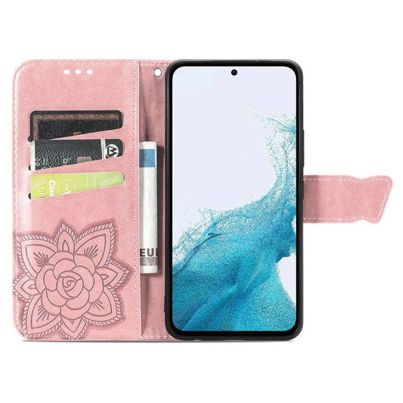Etui z klapką do Samsung Galaxy A17 5G, portfelowe, Motyl, różowe rose gold