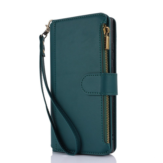 Etui z klapką do Samsung Galaxy S24 Ultra, Wallet Zipper Pocket RFID, z paskiem na ramię, zielone