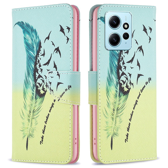 Etui z klapką do Xiaomi Redmi Note 12 4G, Wallet, Feather niebieskie / żółte