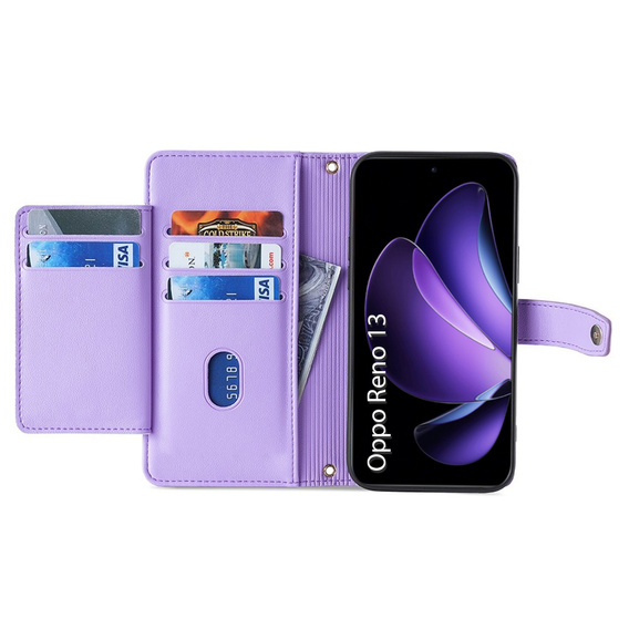 Etui z klapką do Oppo Reno 13, Wallet Zipper Pocket, fioletowe