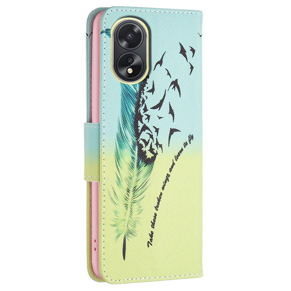 Etui z klapką do Oppo A38 4G / Oppo A18 4G, Wallet, Feather niebieskie / żółte