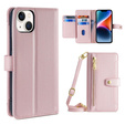 Etui z klapką do iPhone 15, Wallet Zipper Pocket, różowe