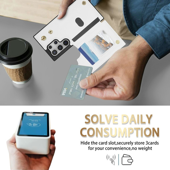 Etui do Samsung Galaxy S25 Ultra z kieszeniami na karty, paskiem i funkcją podstawki – białe