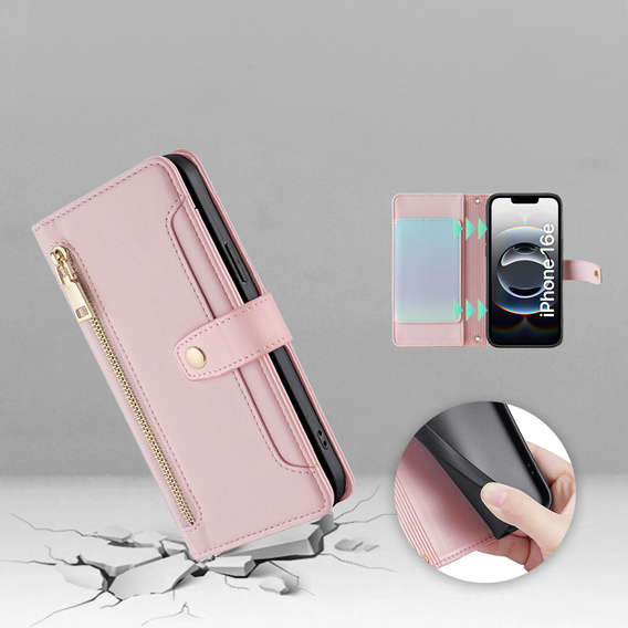 Etui z klapką do iPhone 16E, Wallet Zipper Pocket, różowe