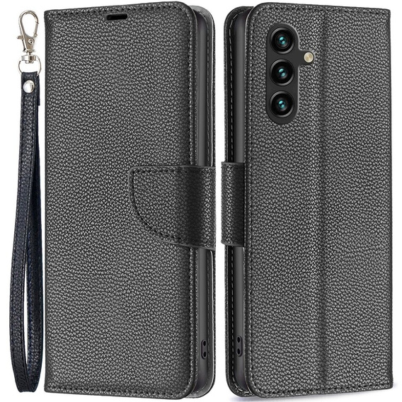 Etui z klapką do Samsung Galaxy A15, Wallet Litchi Leather, czarne + szkło 9H
