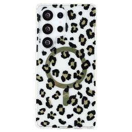 Etui magnetyczne do Samsung Galaxy S25 Ultra – przezroczyste z nadrukiem panterki, czarne