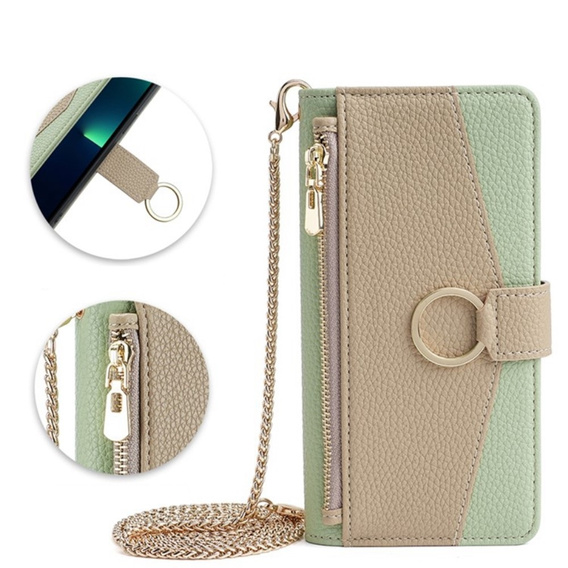 Etui z klapką do Motorola Edge 40 Neo 5G, Wallet Zipper Pocket, z lusterkiem, zielone
