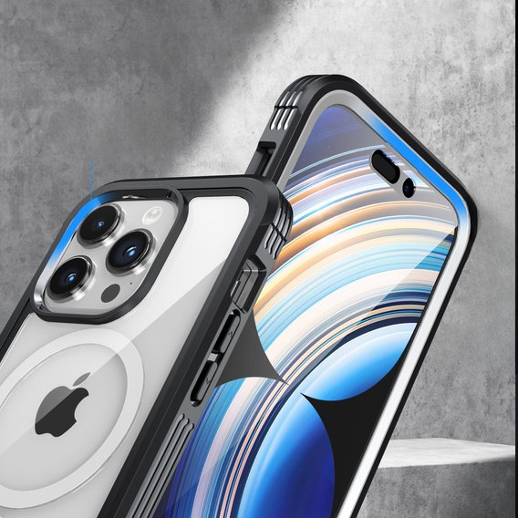 Etui do iPhone 15 Pro, Pancerne Full Protect 360° do MagSafe, szkło na ekran, czarne