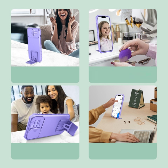 Etui pancerne do Samsung Galaxy A14 4G/5G, Camshield z podstawką, Fioletowe