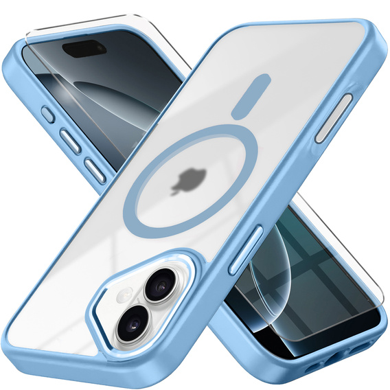 Etui do iPhone 16, do MagSafe, ERBORD Matt Case, przezroczyste / niebieskie + Szkło na ekran
