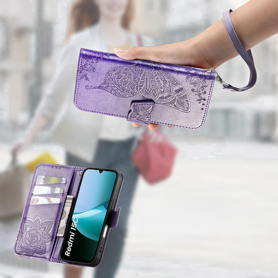 Etui z klapką do Xiaomi Redmi 15C 4G/LTE, Butterfly, fioletowe