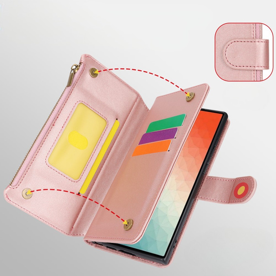 Etui z klapką do Samsung Galaxy S24 Ultra, Wallet Zipper Pocket RFID, z paskiem na ramię, różowe rose gold