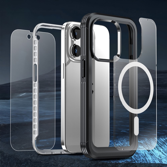 Etui do iPhone 15 Pro, Pancerne Full Protect 360° do MagSafe, szkło na ekran, czarne